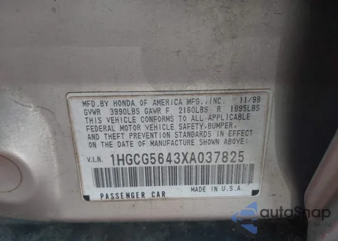 1999 Honda Accord Lx z USA, uszkodzony, nr VIN 1HGCG5643XA037825